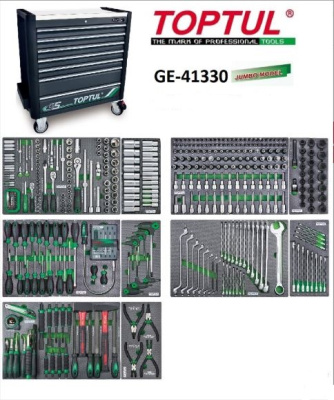 Тележка инструментальная Jumbo 7 ящиков с набором инструментов 413 предметов TOPTUL GE-41330 Тележка инструментальная Jumbo 7 ящиков с набором инструментов 413 предметов TOPTUL GE-41330